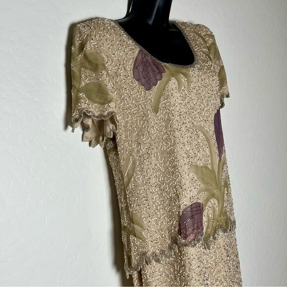Lawrence Kazar Beaded Silk Dress Ivory Lavender Floral Scallop Short Sleeve 8 P - Picture 4 of 15